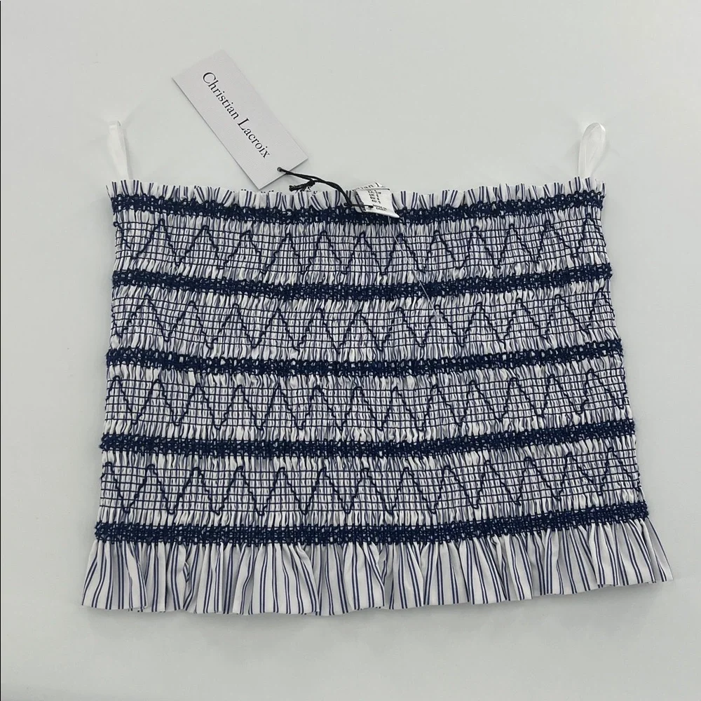Christian Lacroix White‎ Navy Strapless Smocked Crop Top boho festival